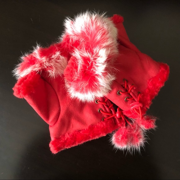 NWT red fingerless gloves real angora fur vegan suede mittens - Picture 4 of 7